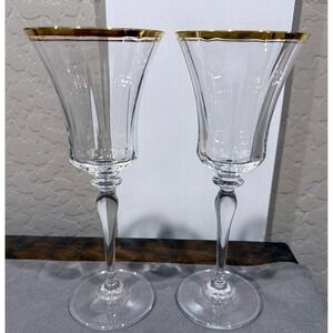 Vintage Mikasa Jamestown Gold Rimmed Crystal Water/Wine Glasses Set of 2, 9.5"-A